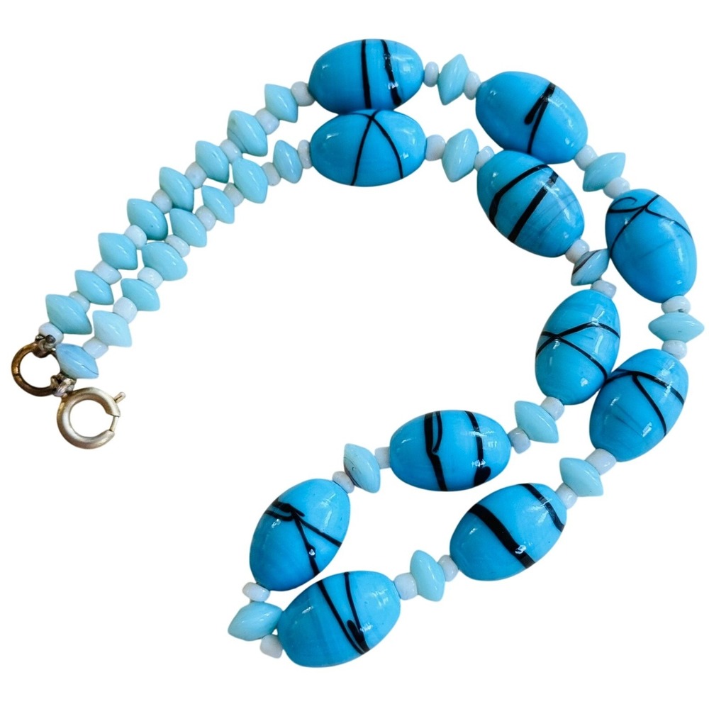 VTG Art Deco Czech Pastel Blue Glass Choker Necklace Retro Aqua Chunky Beads 16"